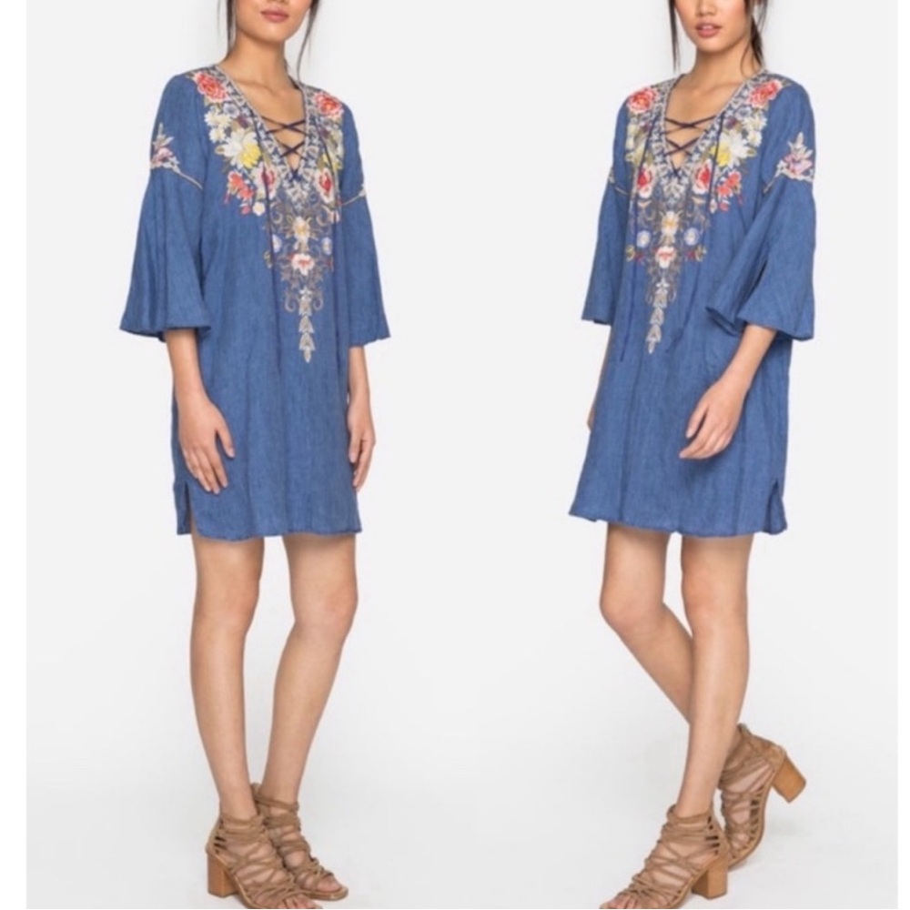 JOHNNY WAS Large Kitti Chambray Linen Dress Lace Up Embroidered Floral Boho